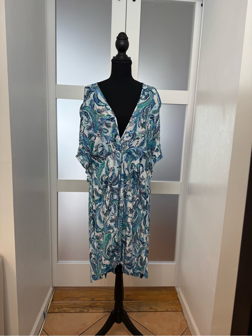 Lauren by Ralph Lauren Blue & Teal Paisley V-Neck Swim Boho Cover up Dress, 2X.